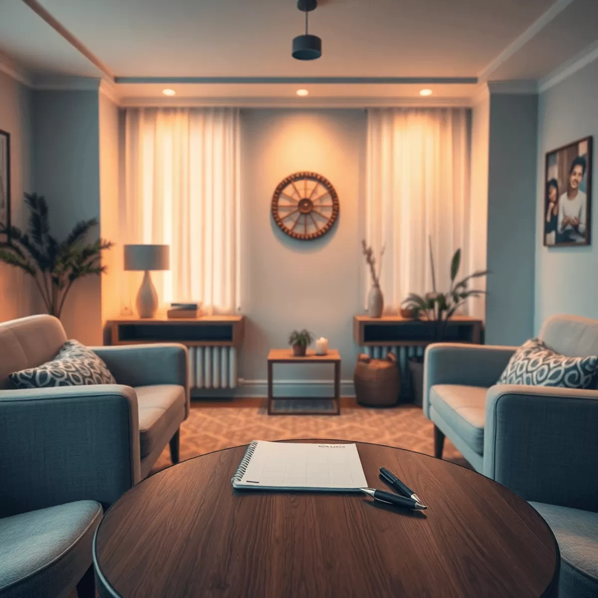 therapy room with comfortable seating and soothing