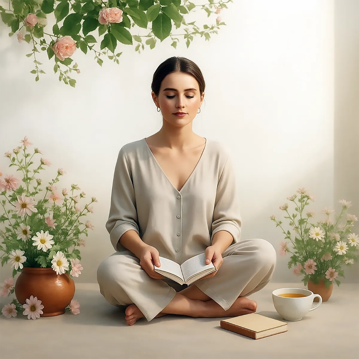 A woman sits peacefully in a tranquil setting with flowers and greenery, holding a journal and herbal tea, embodying emotional balance and well-being.