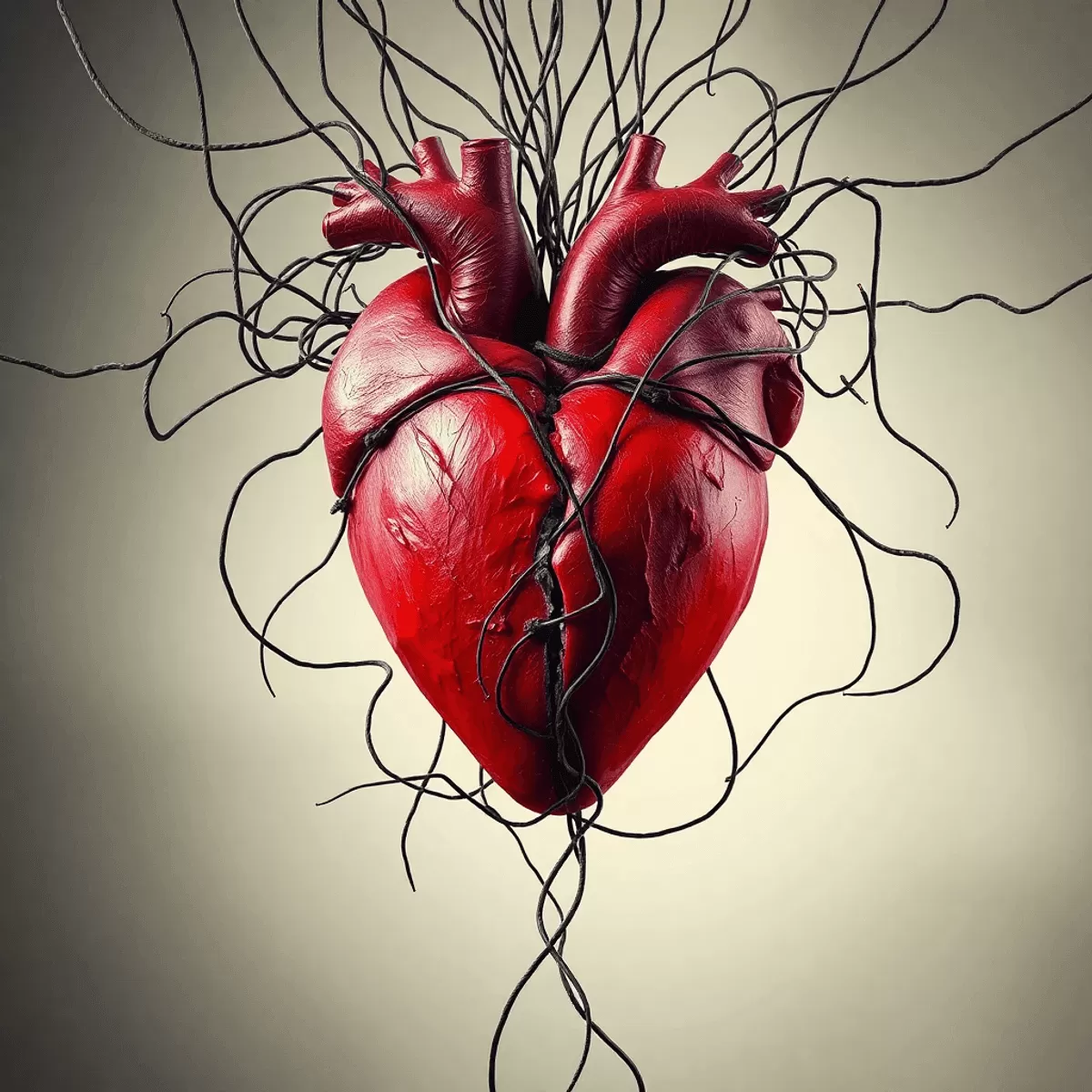 vibrant broken heart intertwined with tangled stri
