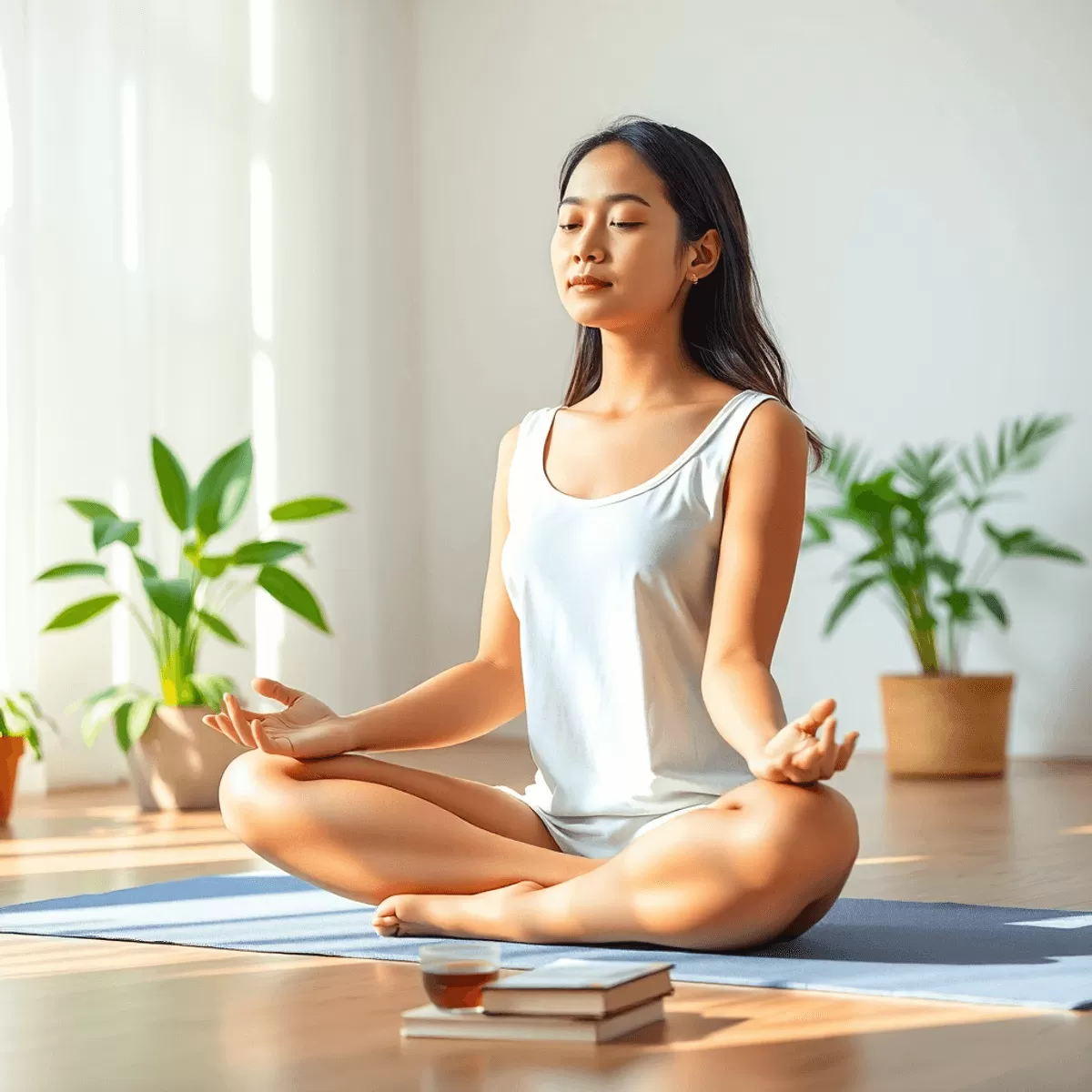 woman sits cross legged on a yoga mat in a softly