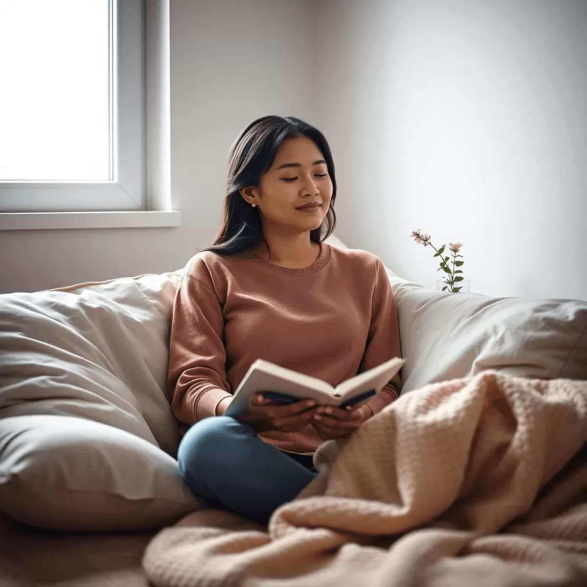 woman sits peacefully in a cozy, well-lit room, surrounded by pillows