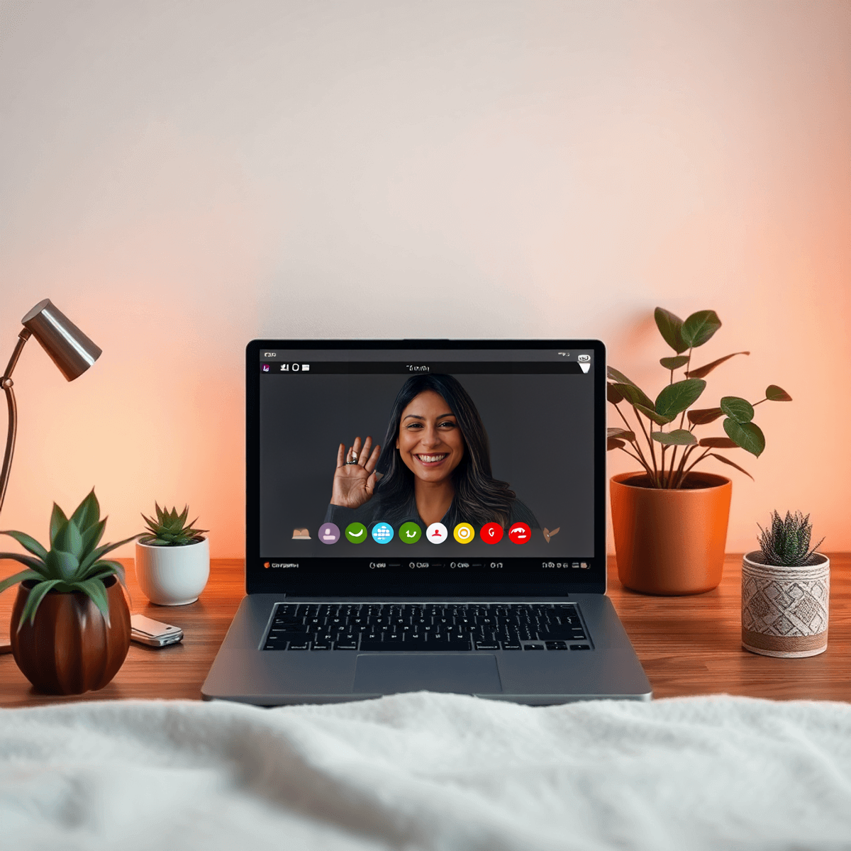 workspace with a laptop displaying a video call