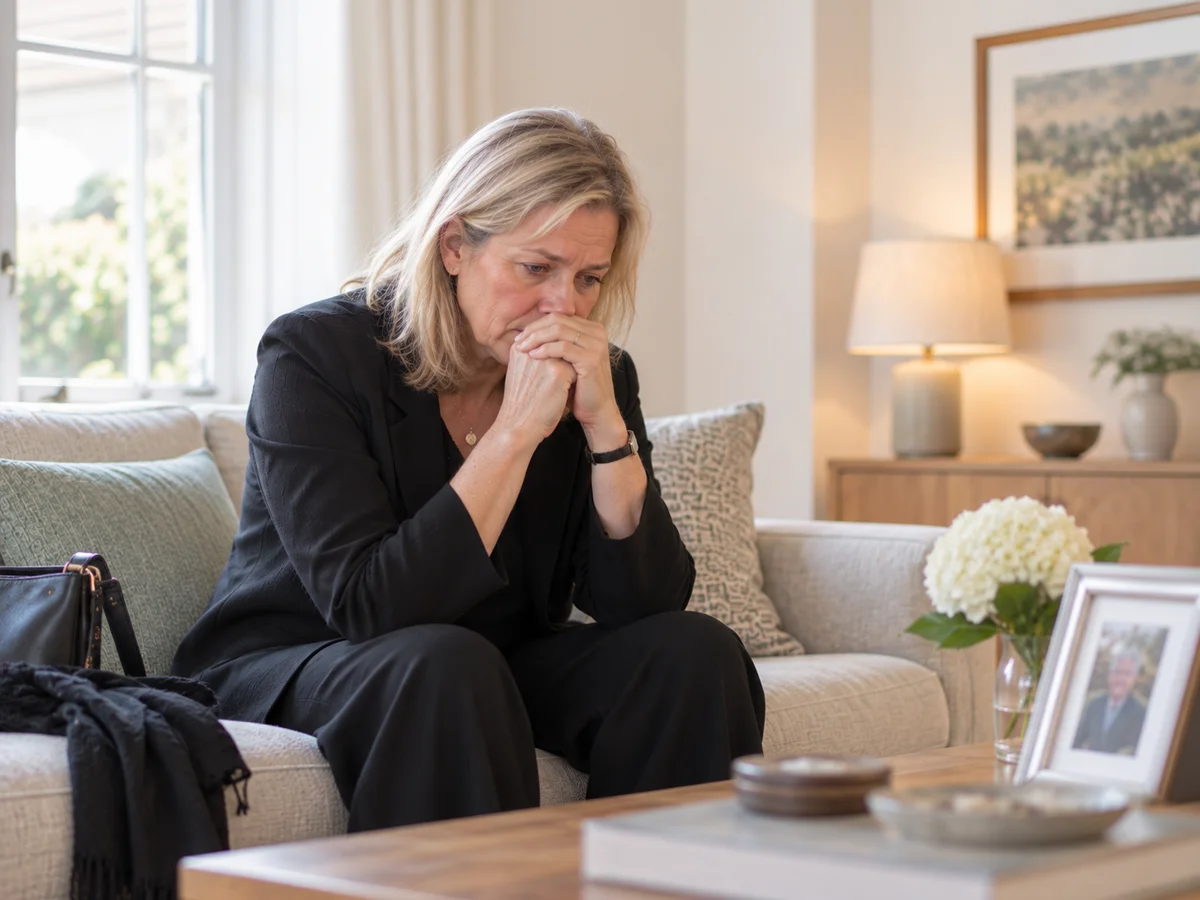 grieving woman home after funeral