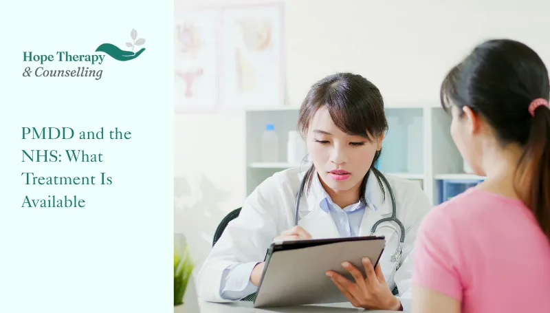 hope therapy counselling and therapy branding with title text next to an image of a lady in a doctor's surgery with a doctor explaining the treatment of pmdd