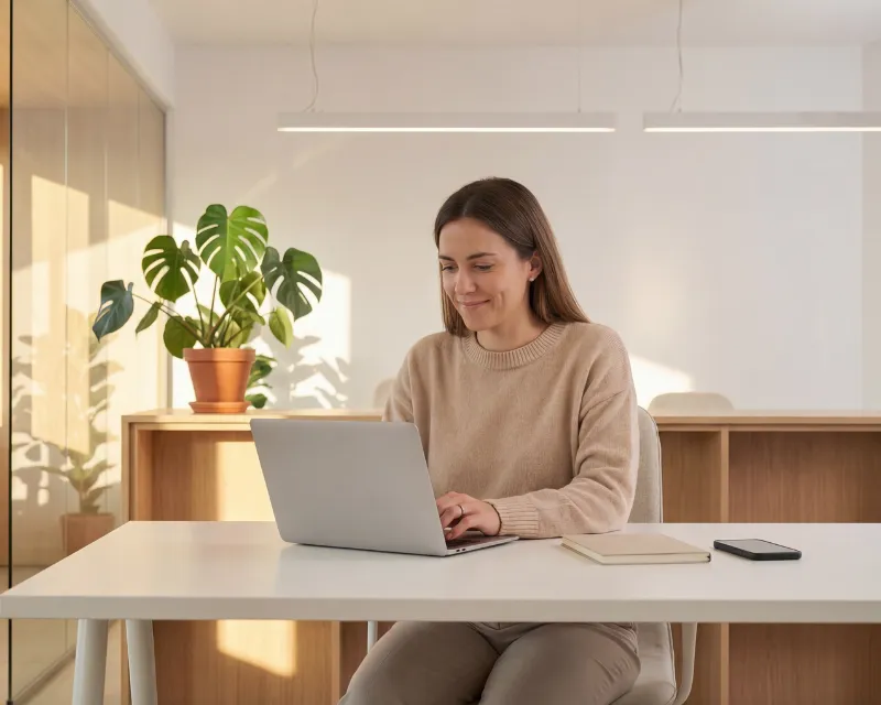 A woman working at a desk, representing the experience of managing PMDD in a professional workplace environment and understanding legal rights