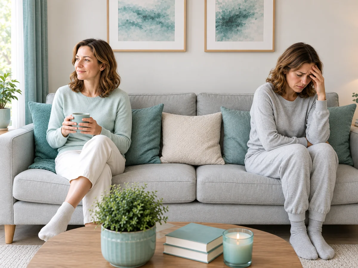 cheerful woman sitting beside pmdd version of herself on sofa