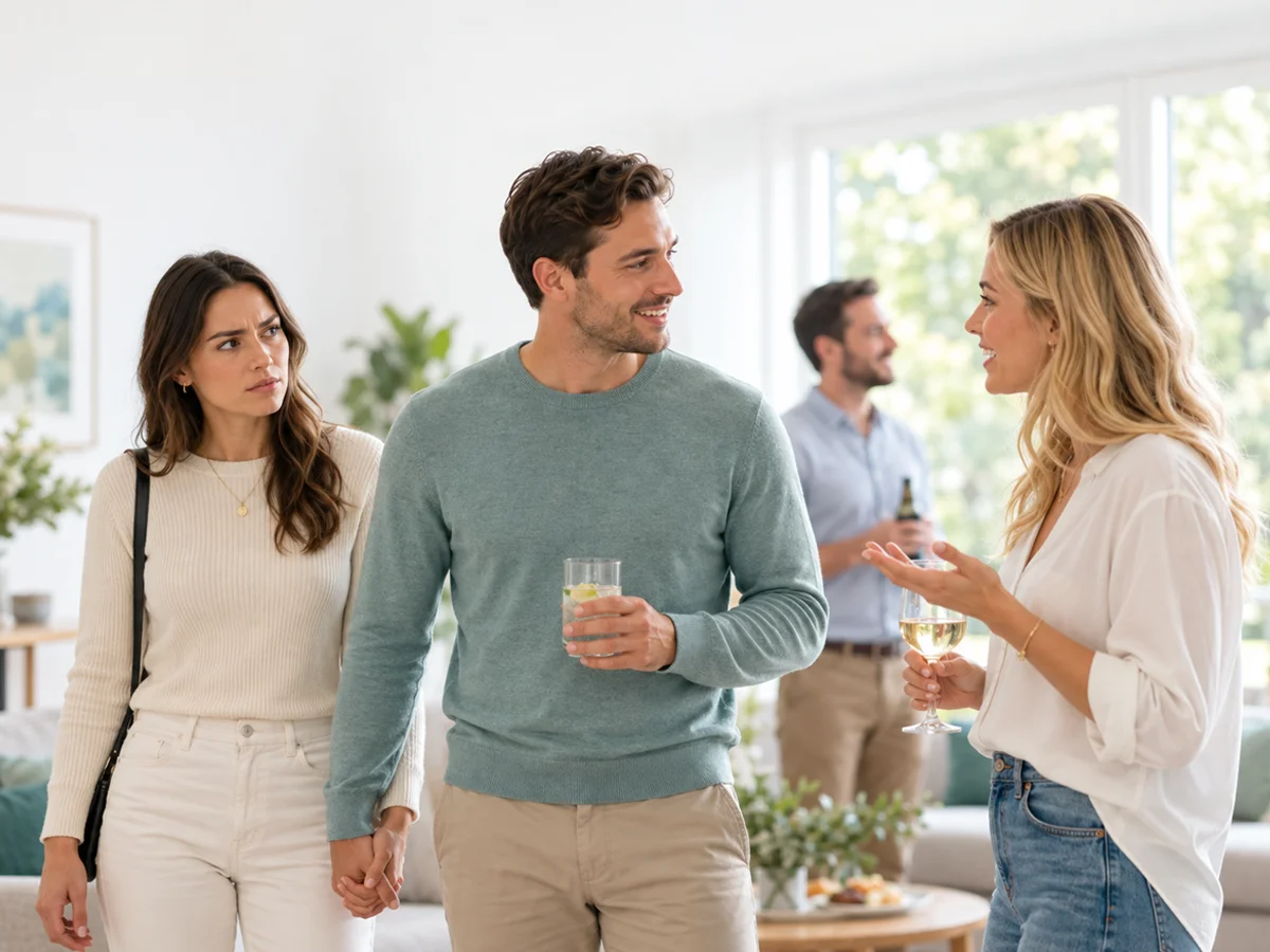 couple with woman showing jealousy as partner engages with another woman