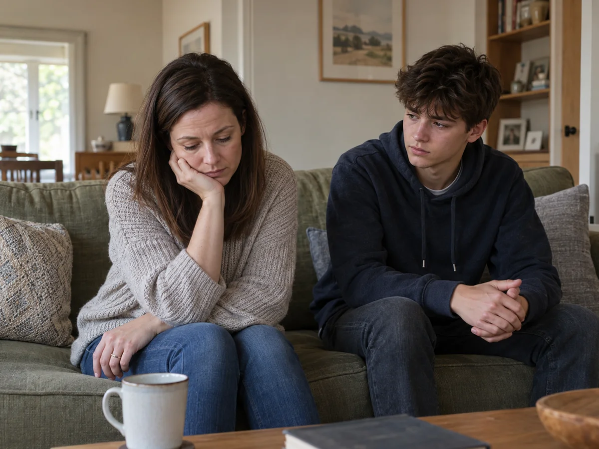 depressed mother sitting beside teenager on sofa