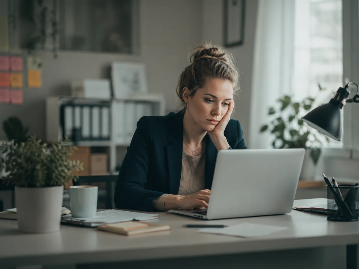 depressed woman at desk with laptop