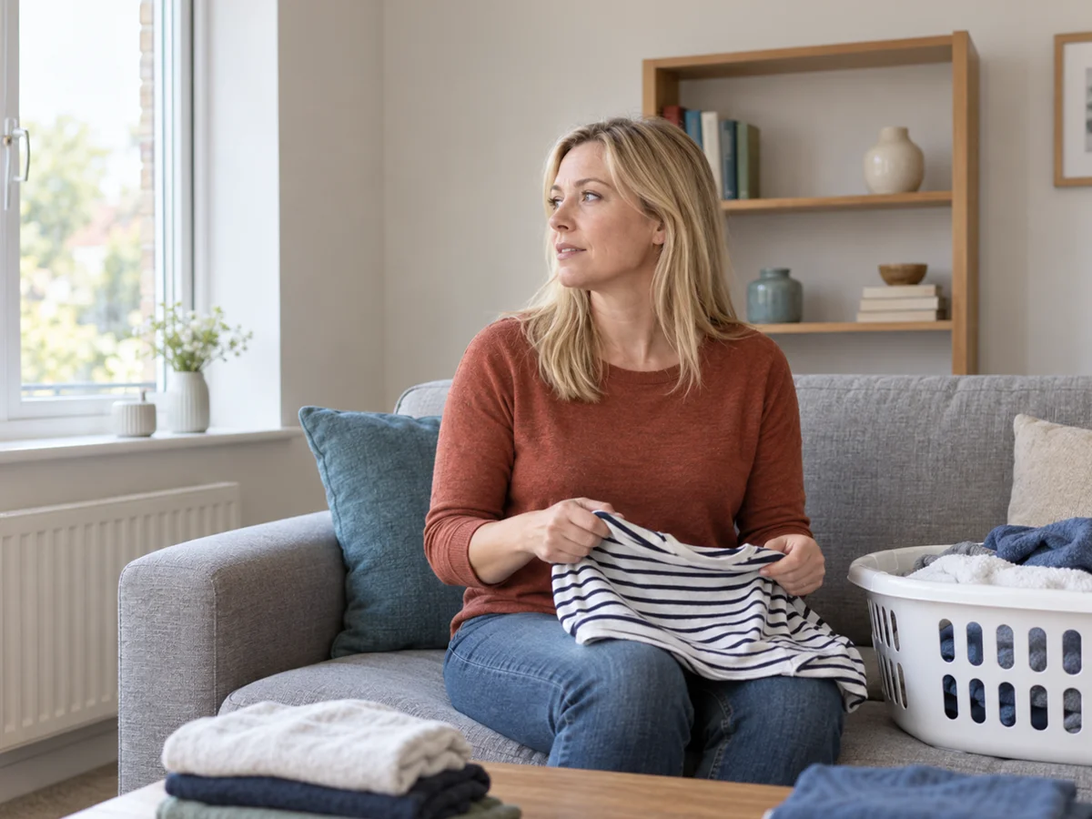 distracted woman with adhd folding laundry