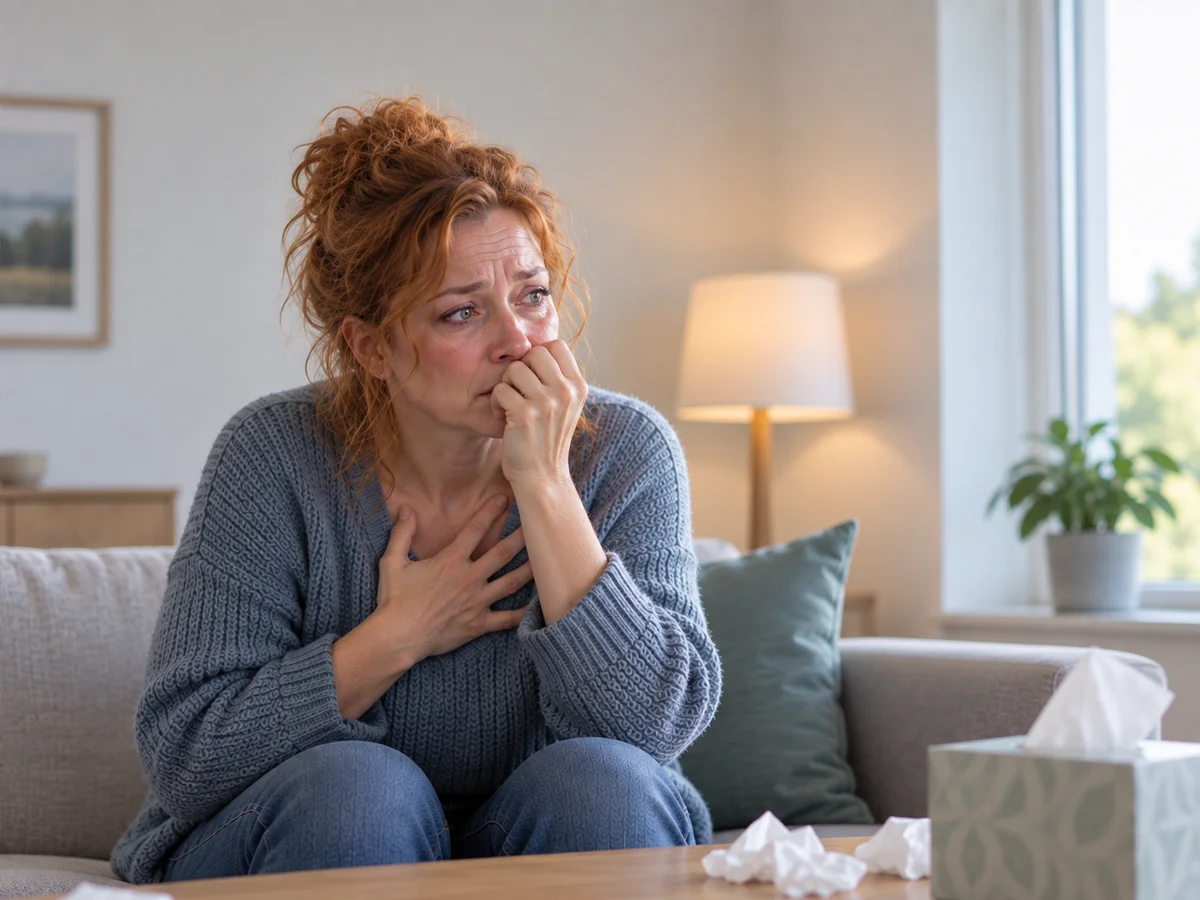 grieving woman on sofa