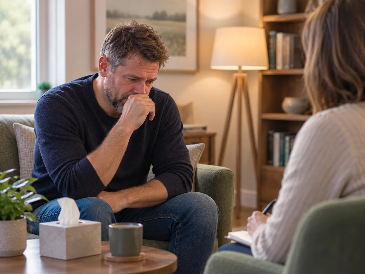 man in bereavment counselling session