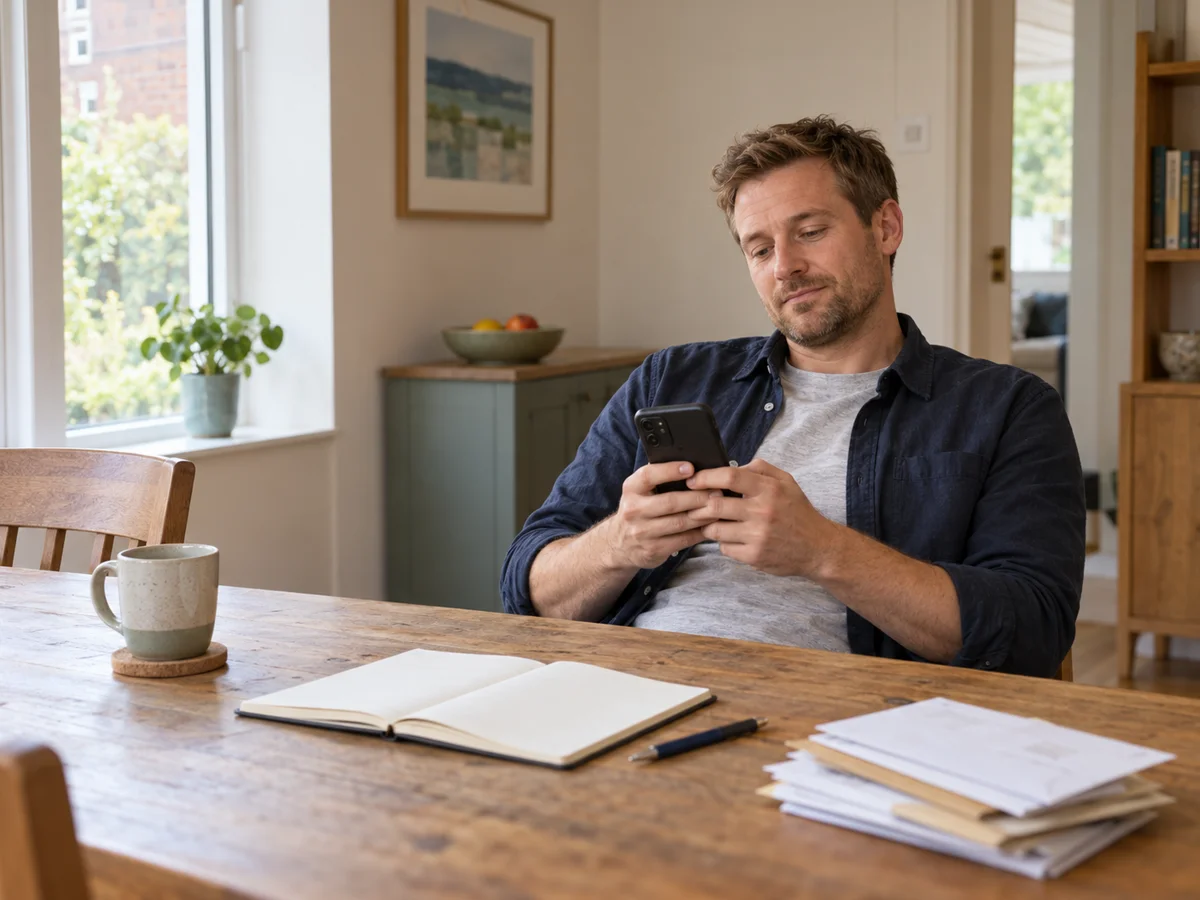 Man procrastinating by looking at his phone instead of starting a task