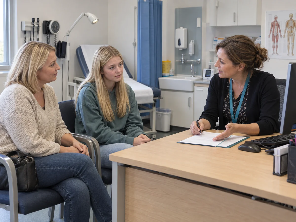 mother and teenager with gp getting camhs referral