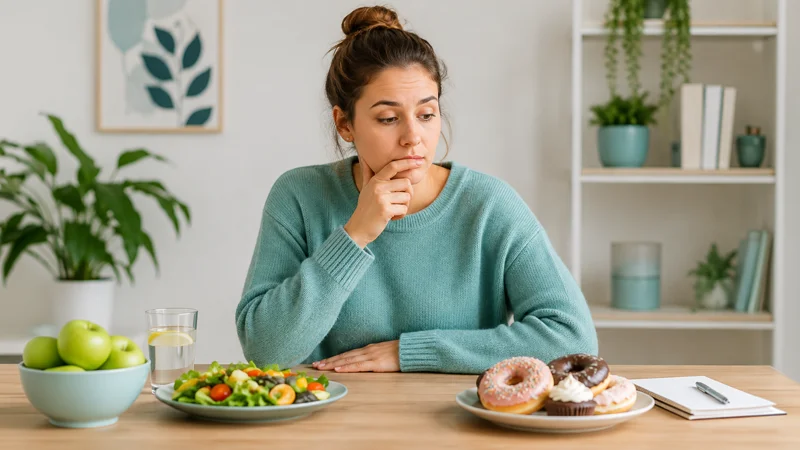 self control woman sat at table with salad and doughnuts