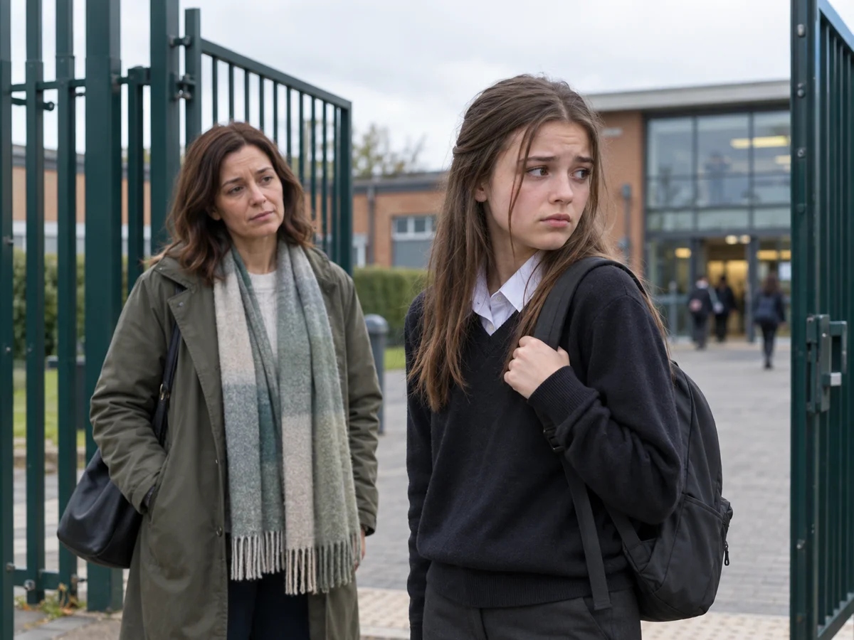 teenager refusing to go through school gates