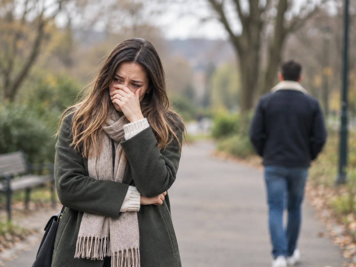 woman in park showing grief after breakup