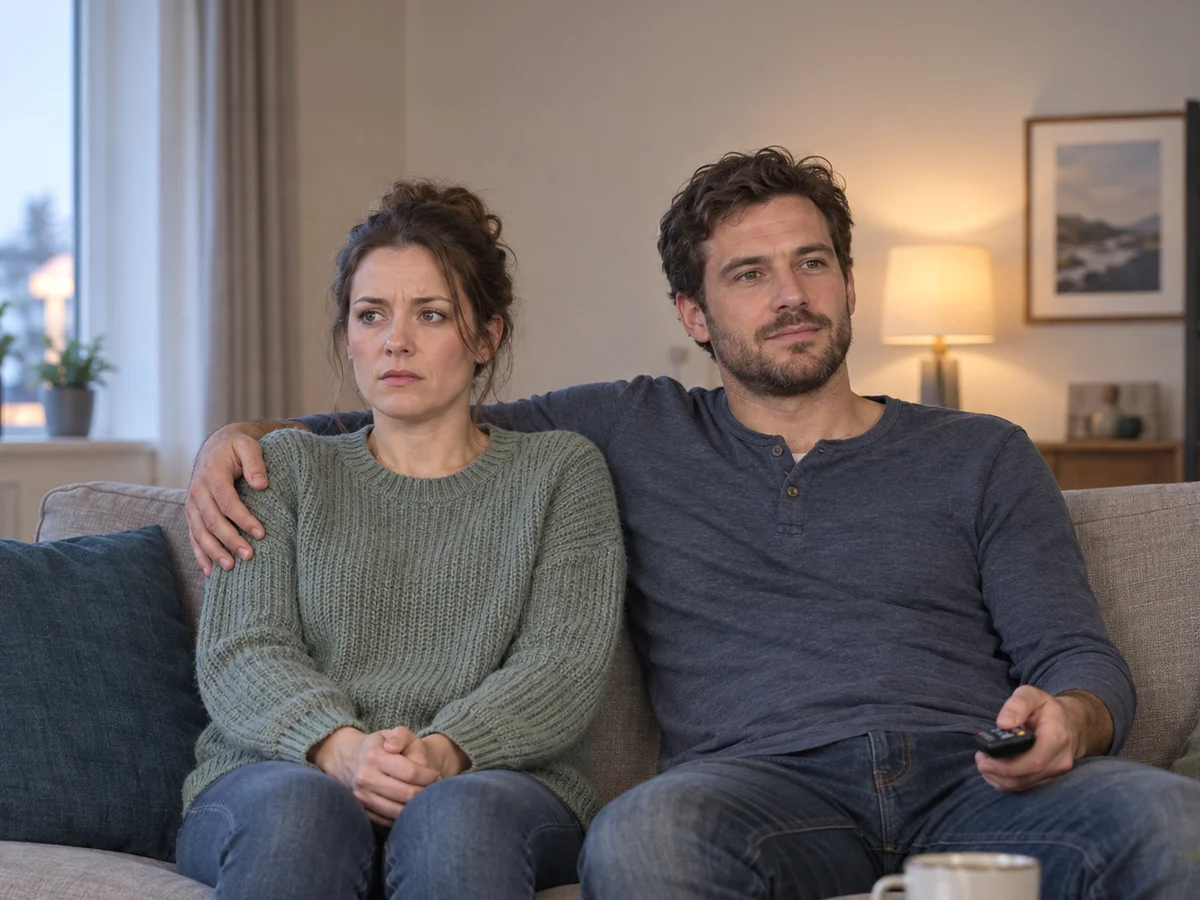 woman showing signs of trauma bond sitting with partner