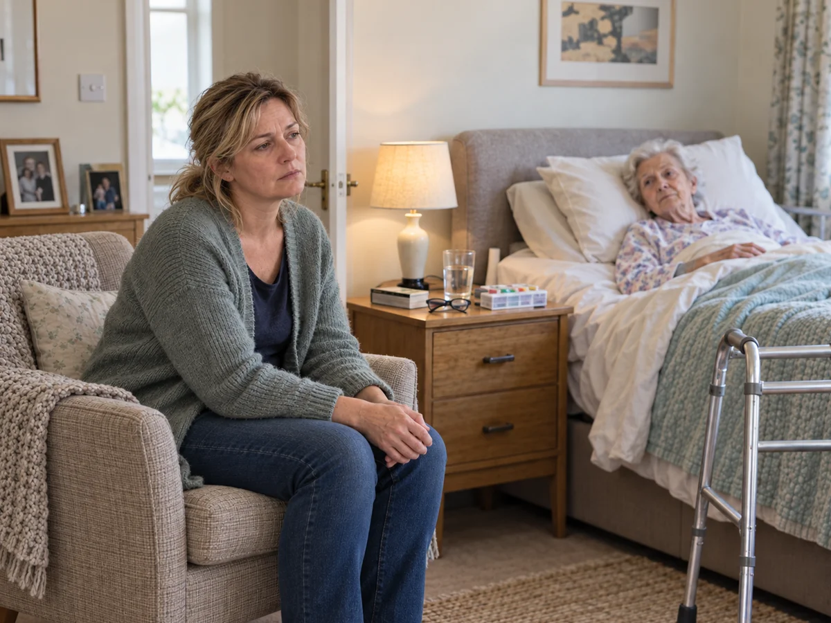 woman with compassion fatigue sitting with elderly