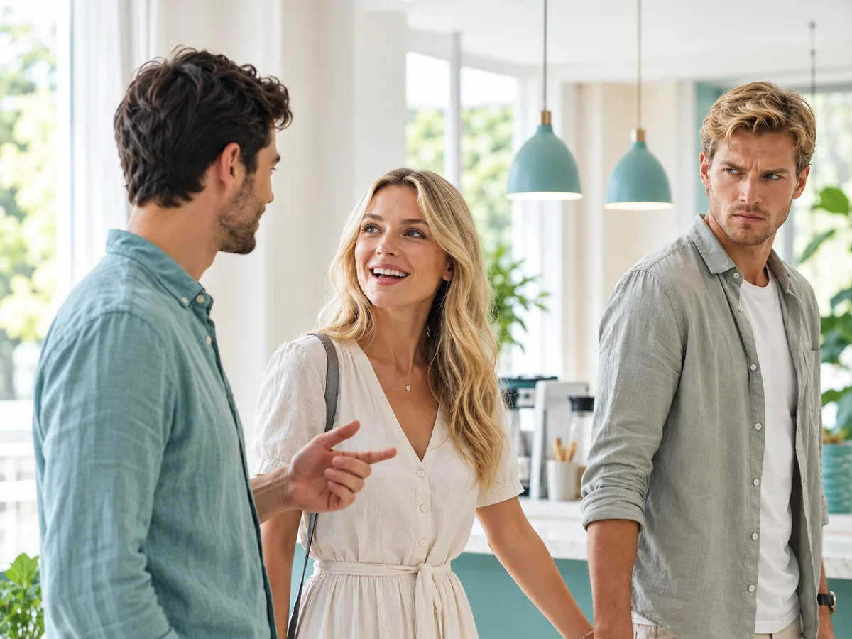 woman with jealous boyfriend as she talks to man
