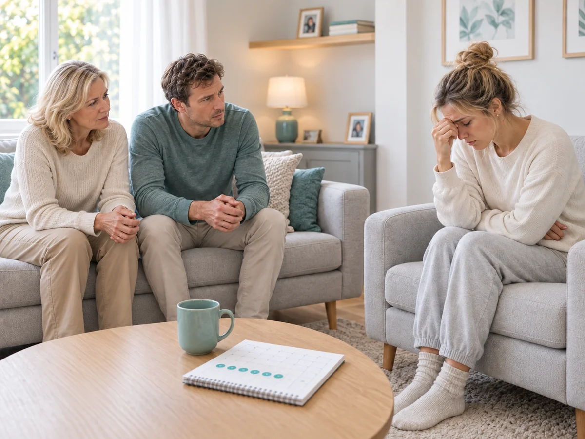 woman with pmdd being supported by family