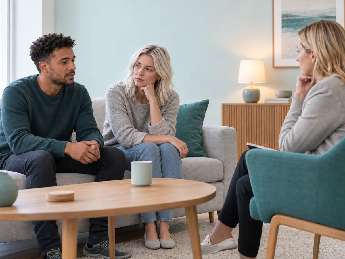 couple with counsellor in couples therapy