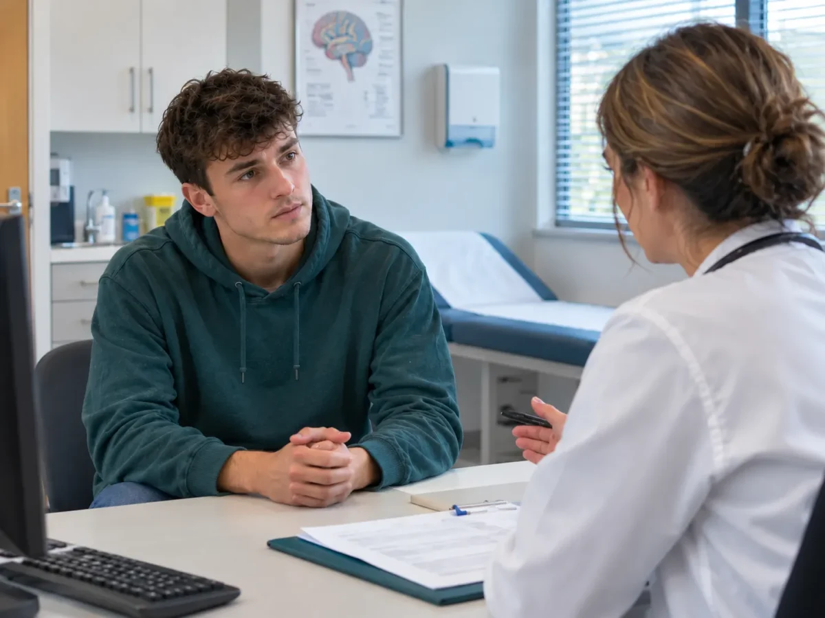A young man in a doctors surgery after just getting a diagnosis and asking if his ADHD is a disability