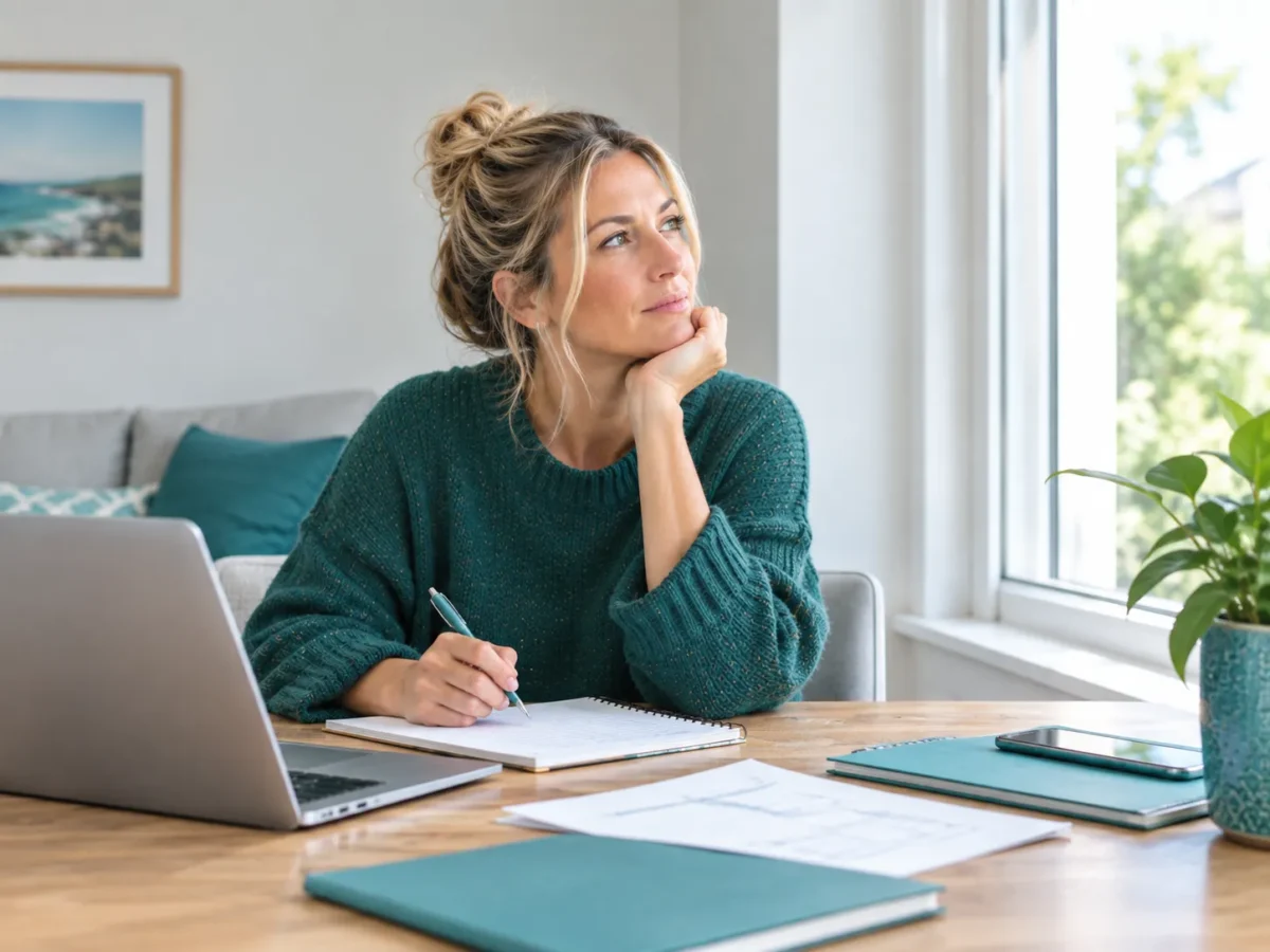 A woman in the middle of work drifting off and looking out the window in a day dream representing inattentive adhd