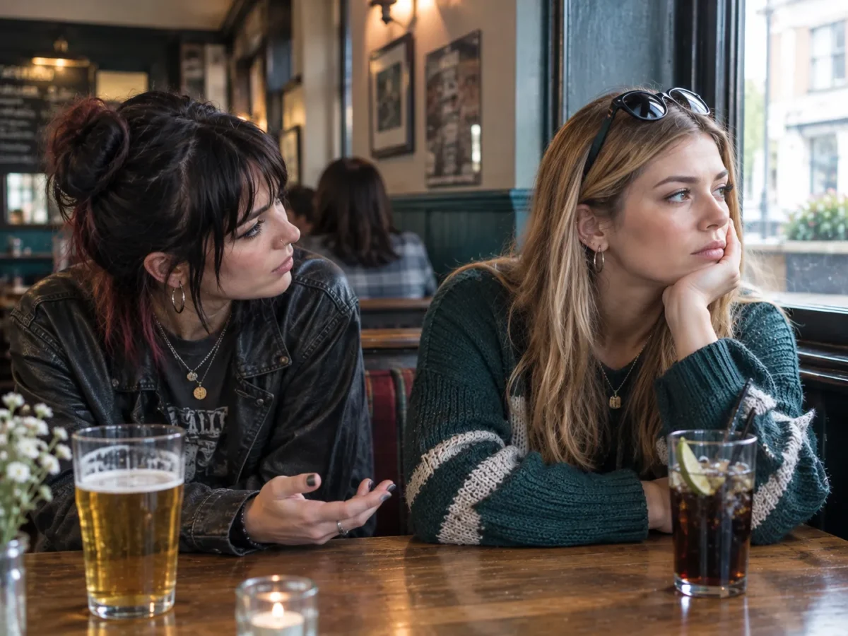 two women in a same sex couple sat in a pub having a discussion, one woman is wanting to talk it out whilst the other is looking out the window silently, showing an example of stonewalling